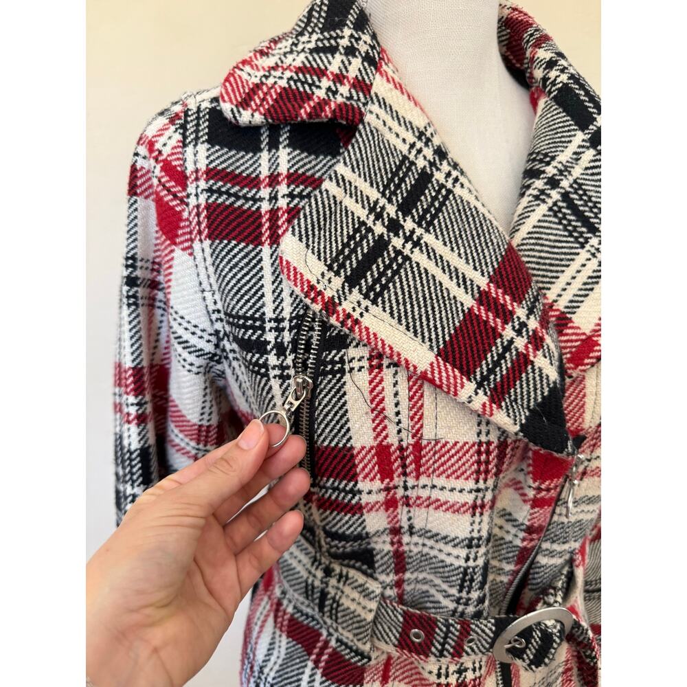 Plaid Moto Jacket Red Black Cream Belted Wool Blend Cato Small Zip Front Lined - Picture 6 of 12